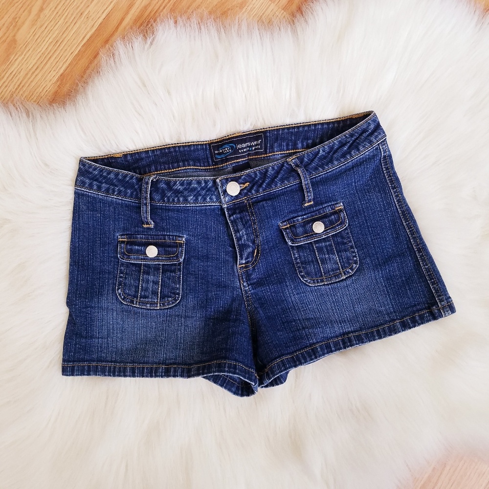 Dark Blue Wash Jean Shorts w/ Flap Snap Pockets